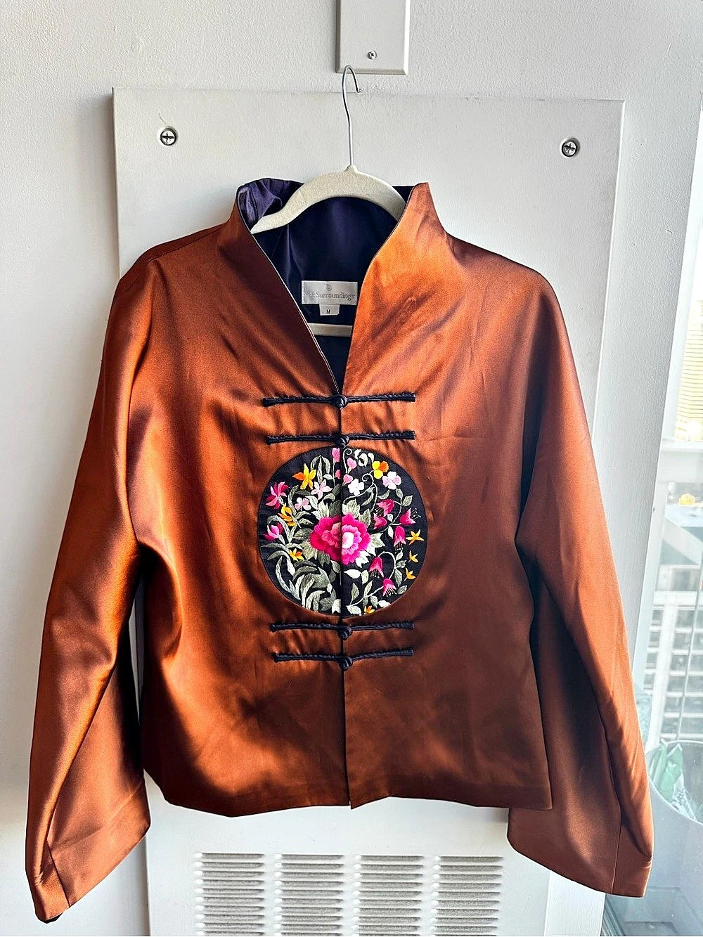 Soft Surroundings Silk Jacket Copper Floral Embroidered Mandarin Collar Size M